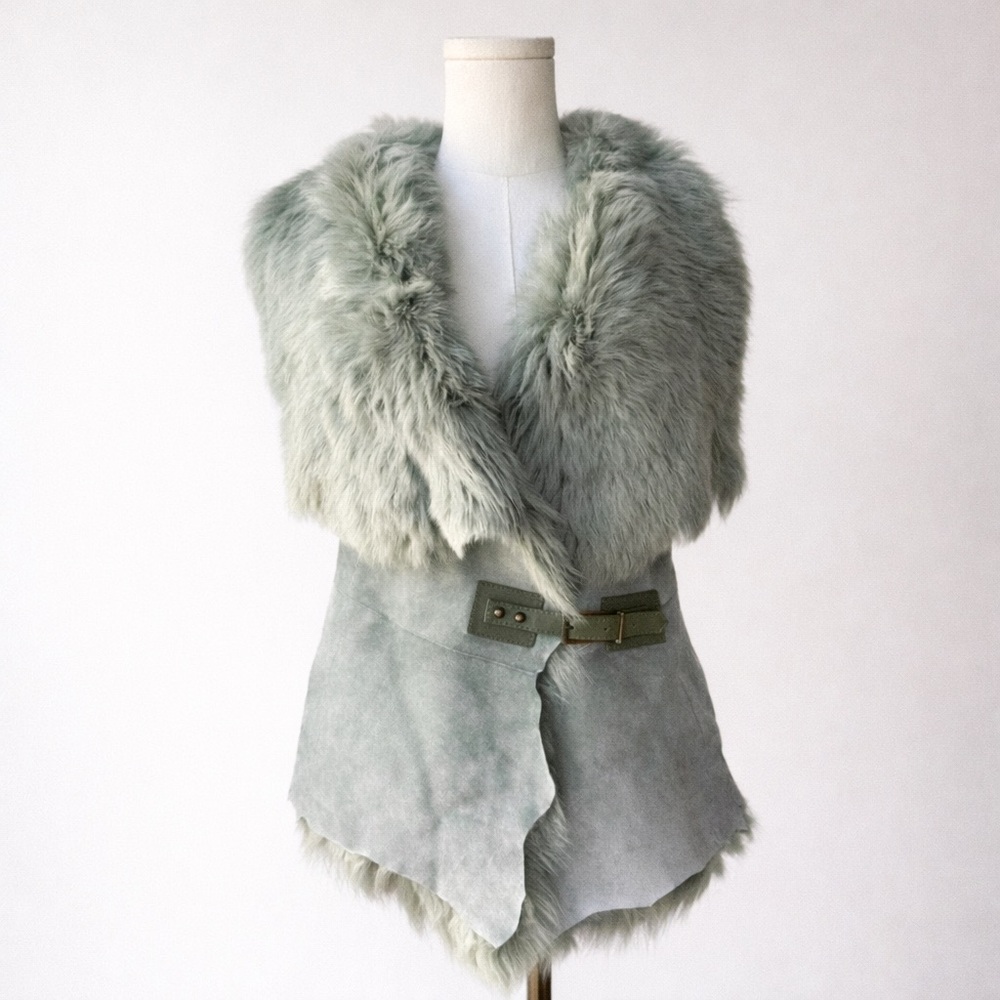 Vintage Sheepskin Suede Vest • Fully Fur-Lined • Pale Sage Green • Size 38 (S/M)